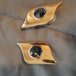 Gold Plated Earrings with dark blue round stone. Clip-ons  ( L2 )